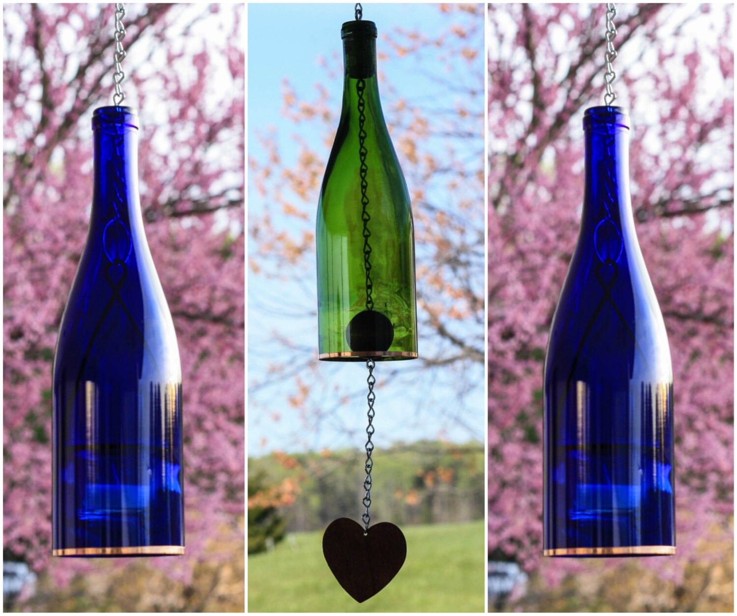 Blue Wine Bottle Wind Chime Green Lantern Set Glass Hanging Votive