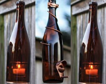 Hanging Lantern Birdfeeder Wine Bottle Combo Made from Amber Wine Bottles with Copper Accents Outdoor Garden Home Decor