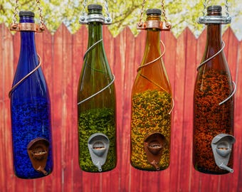 Custom Wine Bottle Bird Feeder Pick Glass Color and Copper or Silver Trim