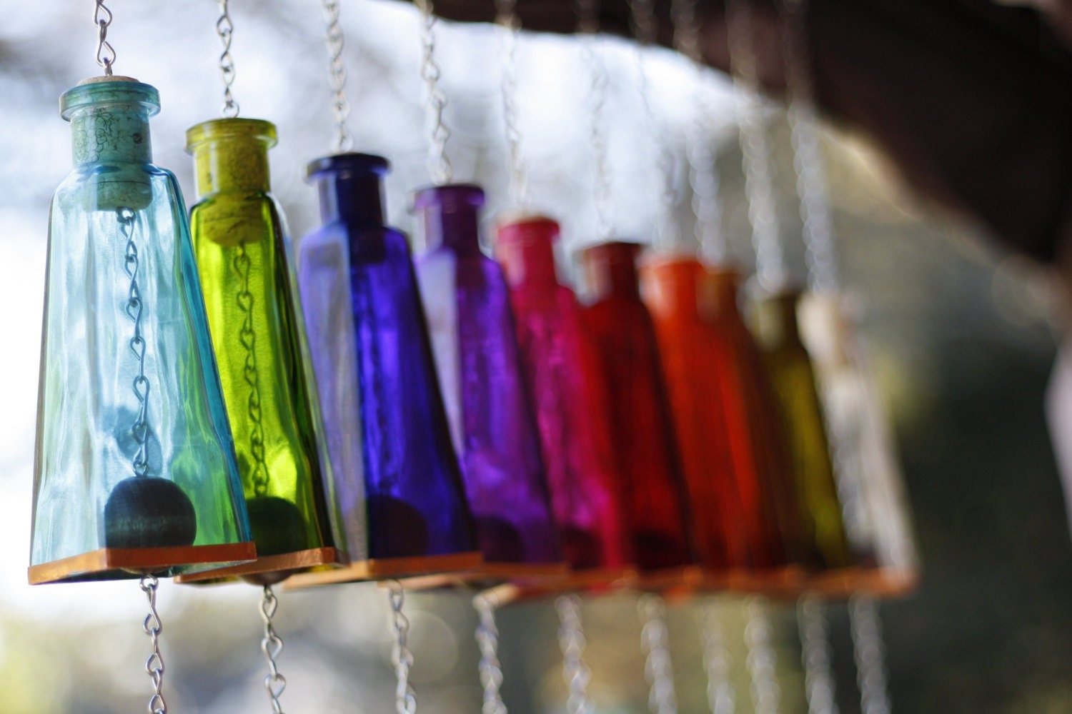 Glass Wind Chimes Made From Pyramid Shaped Bottles Hand Cut and Made Assorted Colors Outdoor Garden Patio Decor Unique