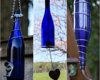 Hummingbird, Seed Birdfeeder and WInd Chime Set Made From Cobalt Blue Wine Bottles with Silver Trim Unique Outdoor Garden Patio Decor