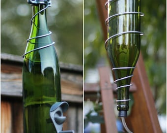 HummingBird Feeder and Bird Feeder Made From Green Wine Bottles With Silver Trim Unique Farmhouse Decor Handmade High Quality Gifts