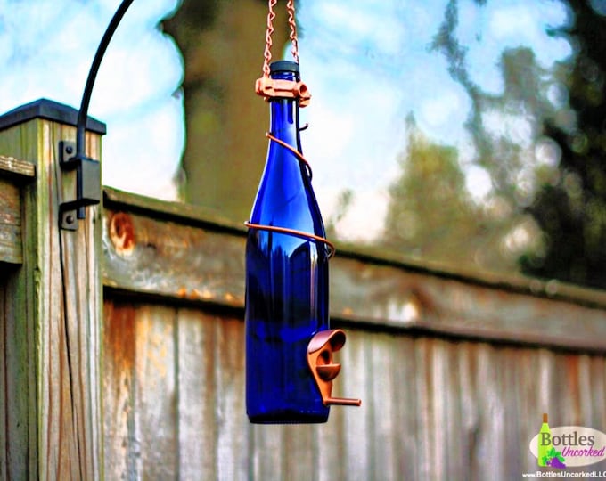 Handmade Wine Bottle Bird Feeder: Upcycled Garden Decor Lots of Color/Trim Options