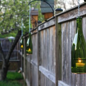 Single Green Wine Bottle Hanging Lantern | Tea Light, Votive Candle Holder | Hurricane Lamp, Lighted Wine Bottles, Indoor Outdoor Lighting
