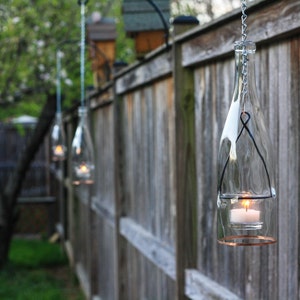 Set of Four Hanging Lanterns Made From Clear Glass Wine Bottles Tea Candles or Votive Candles Outdoor Garden Porch Decor Wedding