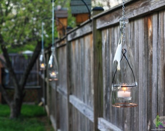 Set of Four Hanging Lanterns Made From Clear Glass Wine Bottles Tea Candles or Votive Candles Outdoor Garden Porch Decor Wedding