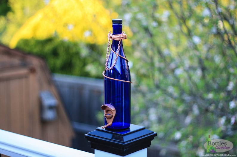 Bird Feeder Made With Cobalt Blue Wine Bottle and Copper Trim Hang Great for Outdoor Garden Patio Decor or For Wine Lover Unique image 2