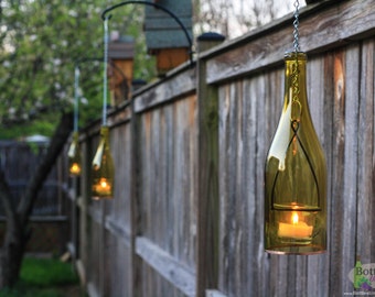 Candle Lanterns Made From Yellow Wine Bottles Set of Four Use With Tea lights or Votive Candles Unique Handmade Home Decor or Garden Patio