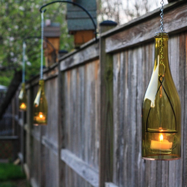 Candle Lanterns Made From Yellow Wine Bottles Set of Four Use With Tea lights or Votive Candles Unique Handmade Home Decor or Garden Patio