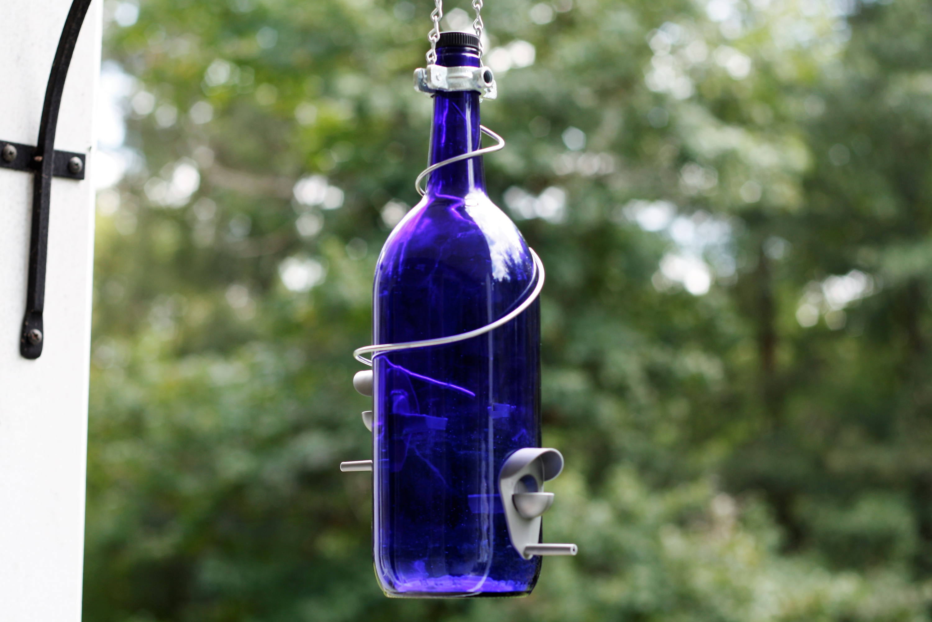 Glass Blue And Silver 1 5l Wine Bottle Bird Feeder Bird Etsy