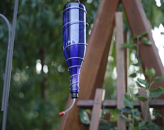 Hanging Hummingbird Feeder Made From Cobalt Blue Wind Bottle With Silver Trim Unique Outdoor Garden Patio Decor Great Mom Gift