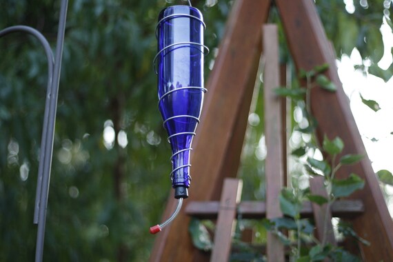 Hanging Hummingbird Feeder Made From Cobalt Blue Wind Bottle Etsy