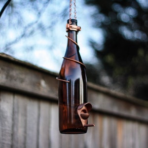 Wine Bottle Bird Feeder Made from Amber Wine Bottle with Copper Trim Gift for Mom Outdoor Patio  or Home Decor