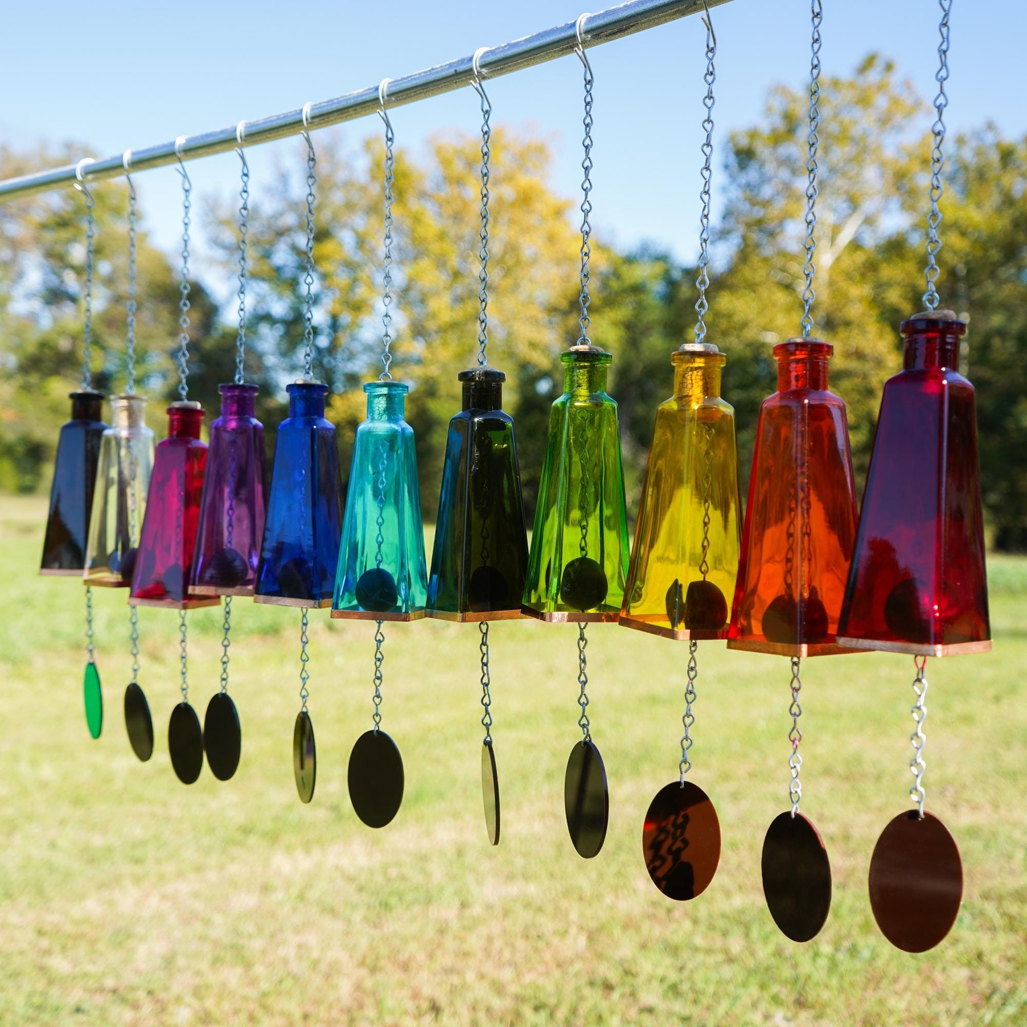 Glass Wind Chimes Made From Pyramid Shaped Bottles Hand Cut and Made Assorted Colors Outdoor Garden Patio Decor Unique