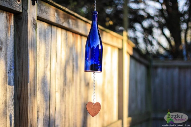 Cobalt Blue Wine Bottle Wind Chimes Gift Ideas Outdoor Decor Yard Art Garden Gift Wine Bottle Chime Windchime image 2