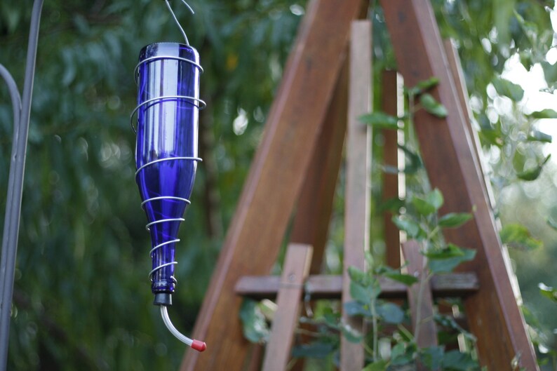 Hanging Hummingbird Feeder Made From Cobalt Blue Wind Bottle Etsy