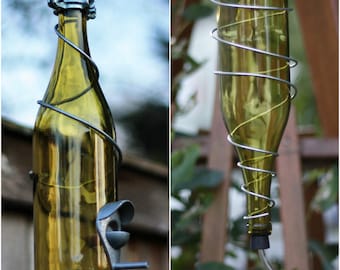 Yellow and Silver Wine Bottle Bird Feeder Combo- Glass Hummingbird Feeder - Garden Gift - Gift for Mom - Fall Decor - Backyard Decor - Gifts