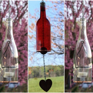 Red Wine Bottle Wind Chime Clear Lantern Set - Glass Wine Bottle Votives - Gift Idea - Backyard Lighting - Garden Gift- Fiance Gift Idea