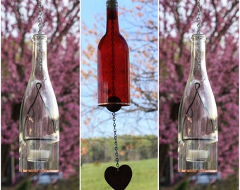 Red Wine Bottle Wind Chime Clear Lantern Set - Glass Wine Bottle Votives - Gift Idea - Backyard Lighting - Garden Gift- Fiance Gift Idea