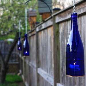 Candle Lanterns Set of Four Made From Cobalt Blue Wine Bottles Suitable for Tea Candles or Votive Home Decor for Wine Lovers