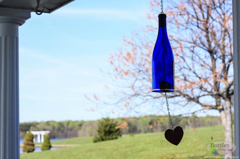 Cobalt Blue Wine Bottle Wind Chimes Gift Ideas Outdoor Decor Yard Art Garden Gift Wine Bottle Chime Windchime image 1