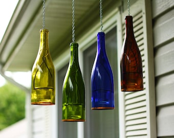 Hanging Candle Lantern Made From Assorted Colored Wine Bottles Set of Four Unique Home Decor or for Garden Patio