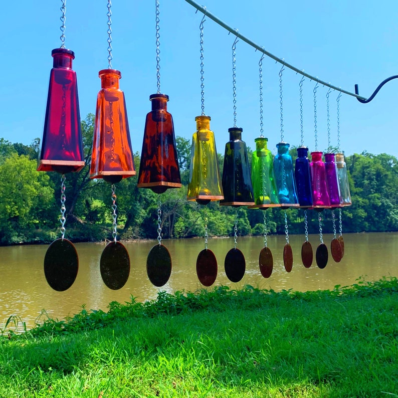 Glass Wind Chimes Made From Pyramid Shaped Bottles Hand Cut and Made Assorted Colors Outdoor Garden Patio Decor Unique image 1