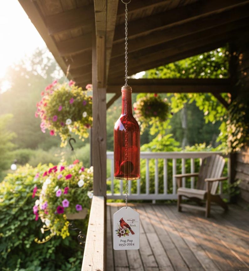 Personalized Memorial Wine Bottle Wind Chime | Handmade Sympathy Gift | 8 Color Options image 3