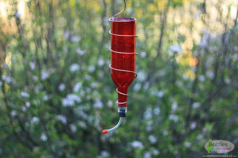 Red Hummingbird Feeder Made From Wine Bottle With Copper Trim Etsy