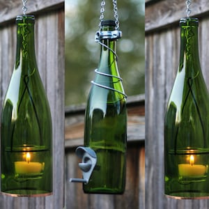 Bird Feeder Hanging Lantern Set Made From Green Wine Bottles Easy to Hang Unique Outdoor Patio Garden Decor
