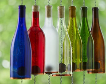 Rainbow Wine Bottle Wind Chimes - Full Set - Gifts for Mom - Outdoor Decor - Wind Chimes Handmade -  Glass Windchimes - Father's Day  Dad