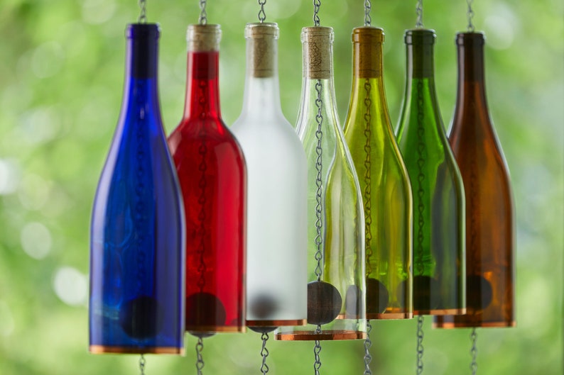 Rainbow Wine Bottle Wind Chimes - Full Set - Gifts for Mom - Outdoor Decor - Wind Chimes Handmade - Glass Windchimes - Father's Day Dad shops