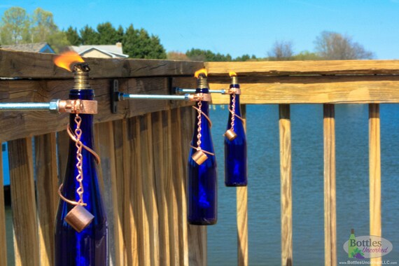 Three 375ml Cobalt Blue Wine Bottle Tiki Torches Gift For Etsy