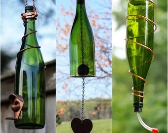 Hummingbird Feeder Bird Feeder and Wine Chime Set Made From Green Wine Bottles With Copper Trim Unique Outdoor Garden Patio Decor