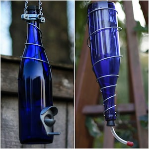 Hummingbird Feeder and Seed Birdfeeder Made From Cobalt Blue Wine Bottles with Silver Trim Easy to Hang Unique Outdoor Garden Decor