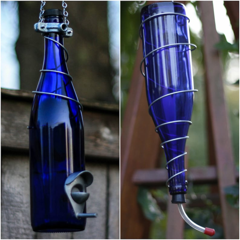 Cobalt Blue And Silver Wine Bottle Bird Feeder Combo Glass Etsy