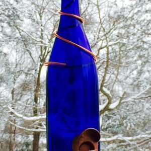 Bird Feeder Made With Cobalt Blue Wine Bottle and Copper Trim Hang Great for Outdoor Garden Patio Decor or For Wine Lover Unique image 3