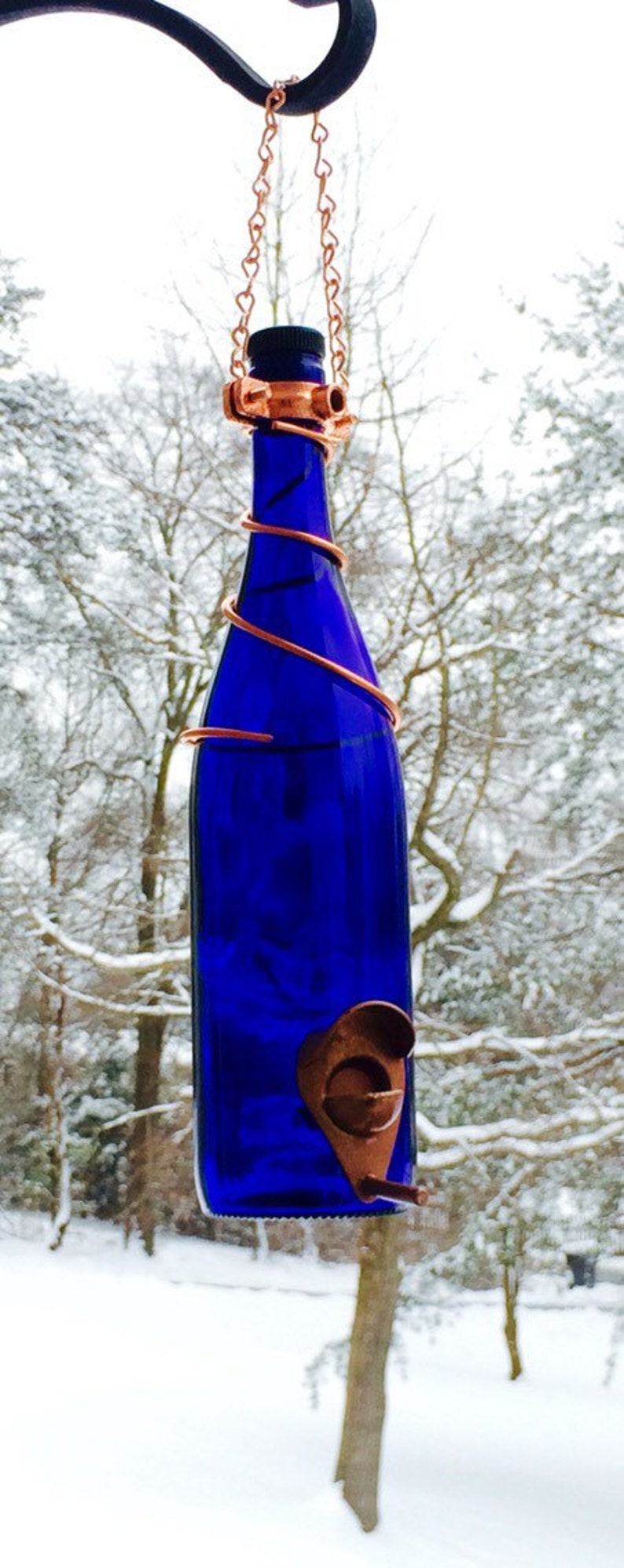 Bird Feeder Made With Cobalt Blue Wine Bottle and Copper Trim Hang Great for Outdoor Garden Patio Decor or For Wine Lover Unique image 3