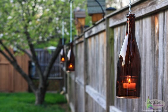 Single Amber Wine Bottle Hanging Lantern Tea Light Votive Image 0