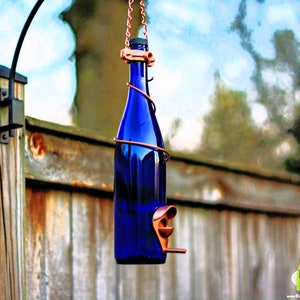 Bird Feeder Made With Cobalt Blue Wine Bottle and Copper Trim Hang Great for Outdoor Garden Patio Decor or For Wine Lover Unique