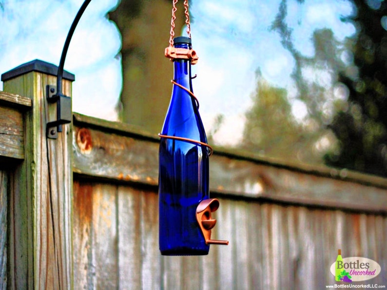Bird Feeder Made With Cobalt Blue Wine Bottle and Copper Trim Hang Great for Outdoor Garden Patio Decor or For Wine Lover Unique 