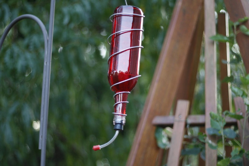 May include: A red glass bottle with a metal cage around it, used as a hummingbird feeder. The feeder is hanging from a metal hook.