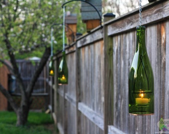 Candle Lanterns Set of Four Made From Green Wine Bottles Unique Wine Gift Outdoor Garden Patio Decor