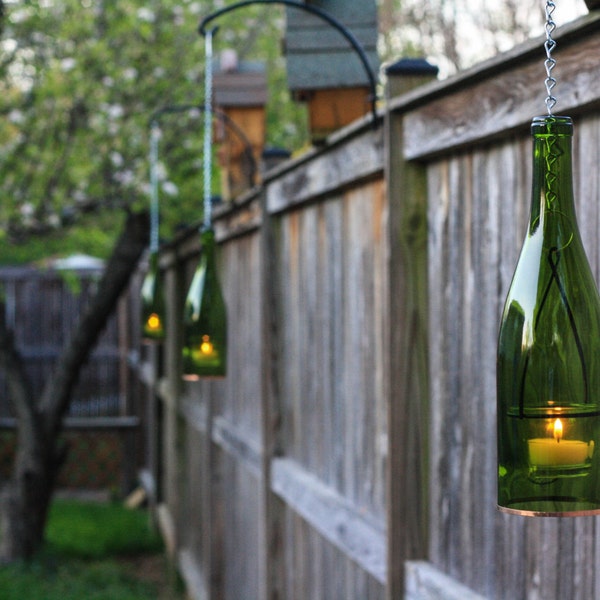 Candle Lanterns Set of Four Made From Green Wine Bottles Unique Wine Gift Outdoor Garden Patio Decor