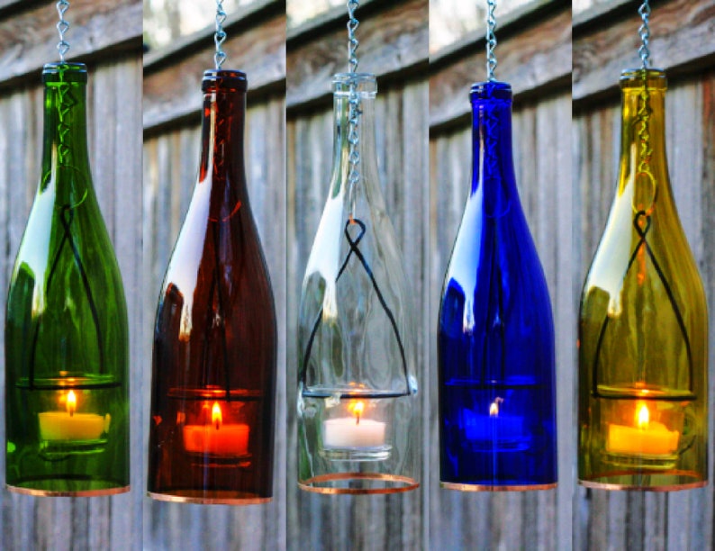 Hanging Lantern Wine Bottle | Tea Light, Votive Candle | Hurricane Lamp, Lighted Wine Bottles, Indoor Outdoor Lighting 