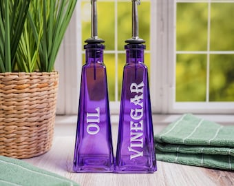 Purple Oil and Vinegar Dispensers for Home Kitchen 6 ounce Glass Bottles with Stainless Steel Pour Spout Colorful Pyramid Shaped Cruets