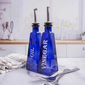 Cobalt Blue Oil and Vinegar Dispensers for Home Kitchen 6 ounce Glass Bottles Stainless Steel Pour Spout Colorful Pyramid Shaped Cruets