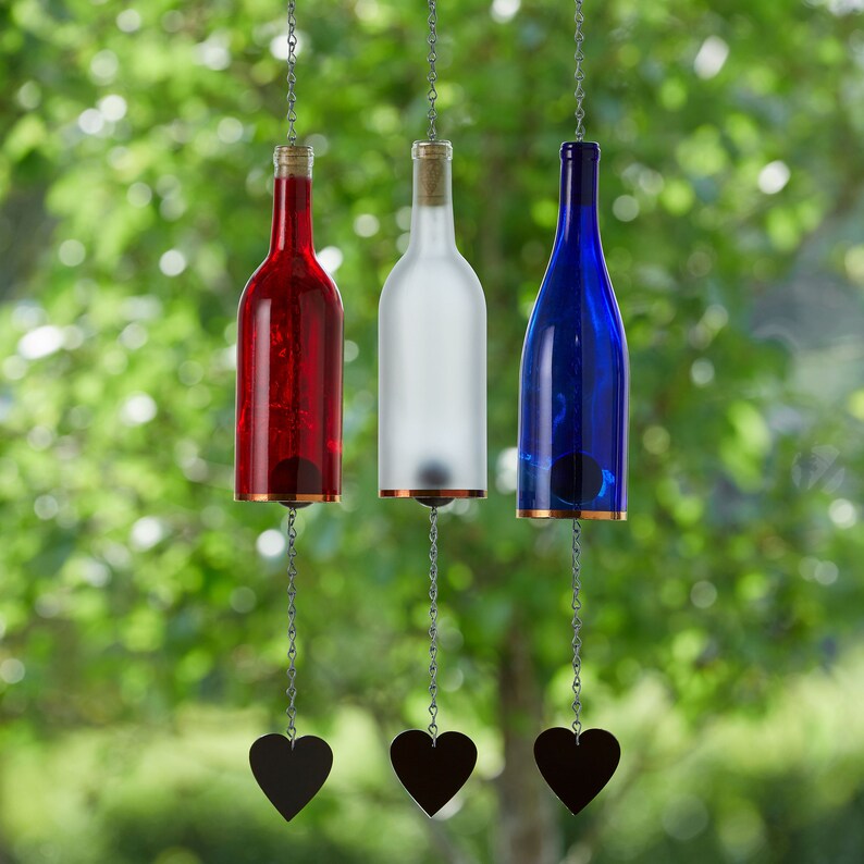 Blue Wine Bottle Wind Chime Green Lantern Set Glass Hanging Votive