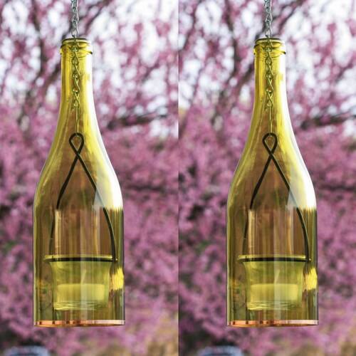 Single Yellow Wine Bottle Hanging Lantern Tea Light Votive Etsy