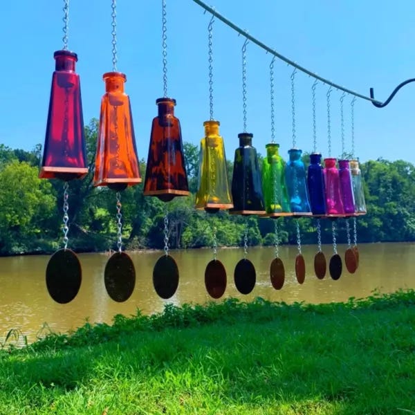 Hand Cut Glass Wind Chime: Bright Pyramid Bottle, Copper Accent, Unique Garden Decor